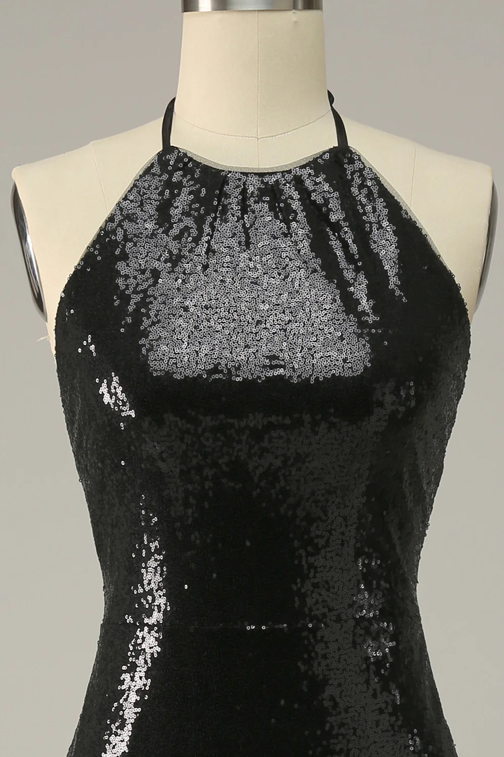 Sheath Halter Black Sequins Plus Size Prom Dress with Open Back