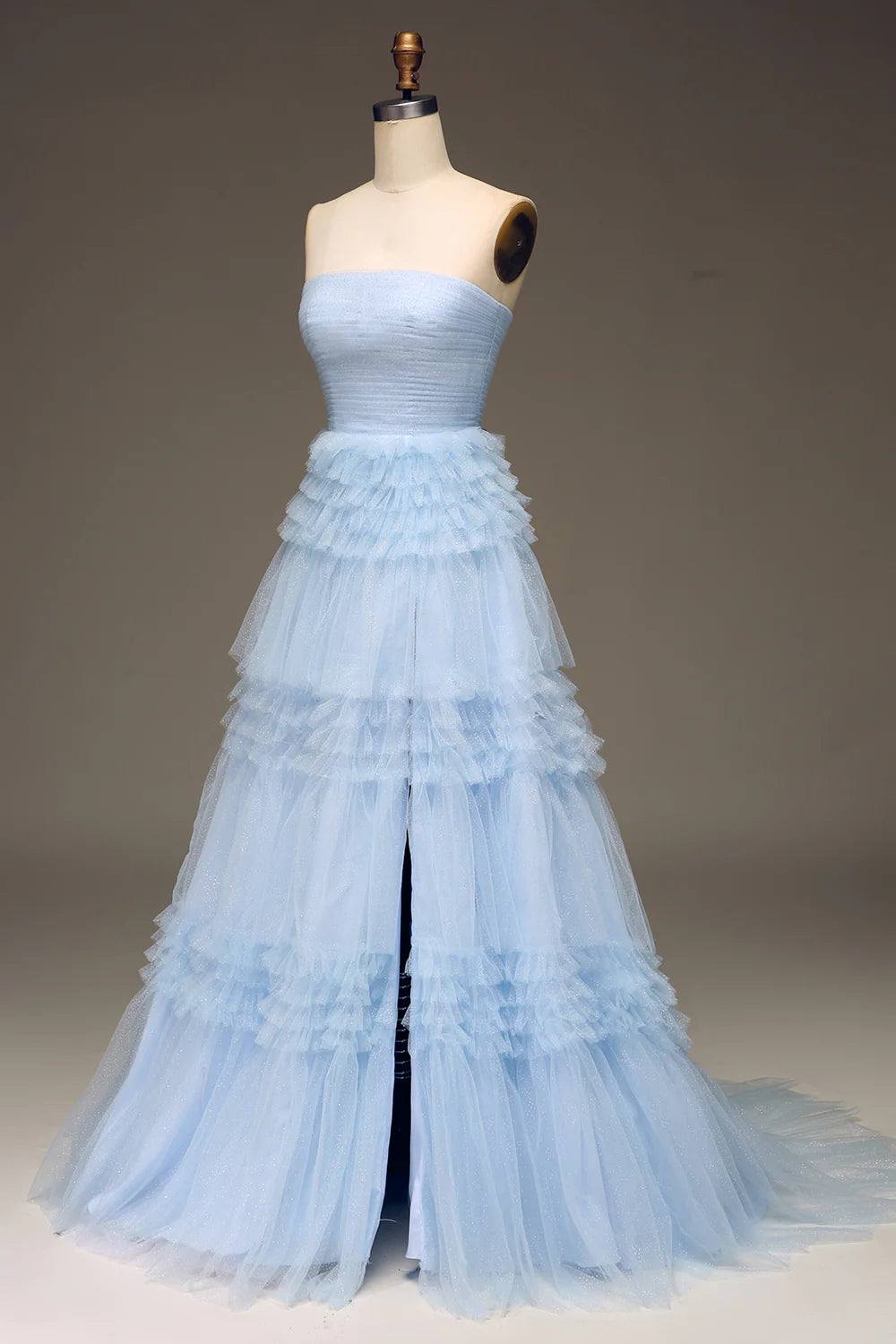 Tulle Light Blue Tiered Prom Dress with Slit