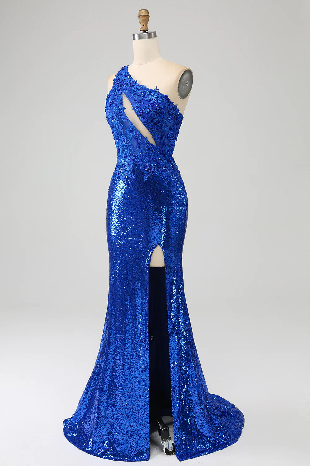 One Shoulder Royal Blue Mermaid Prom Dress with Slit