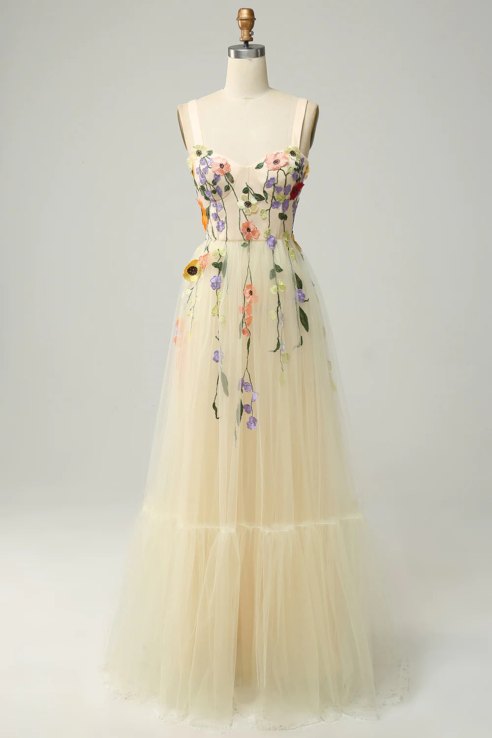 A Line Spaghetti Straps Champagne Long Prom Dress with Appliques