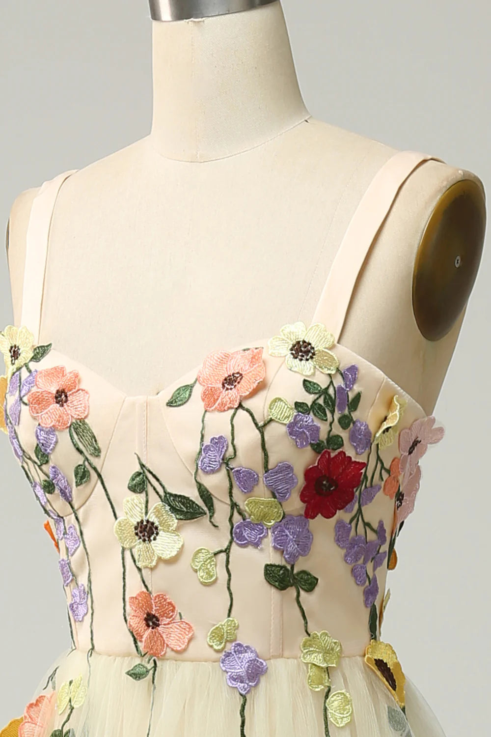 A Line Spaghetti Straps Champagne Long Prom Dress with Appliques