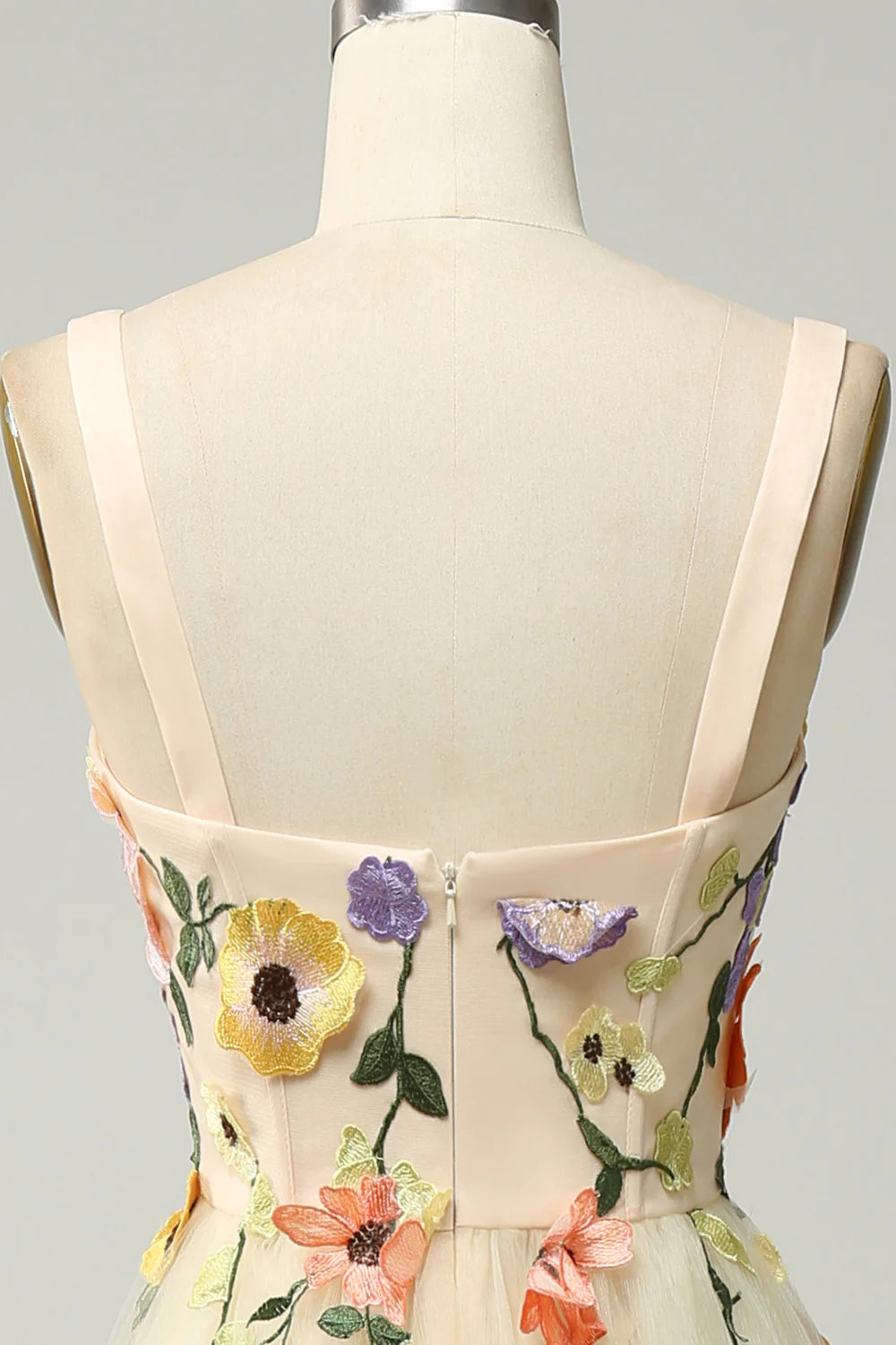 A Line Spaghetti Straps Champagne Long Prom Dress with Appliques