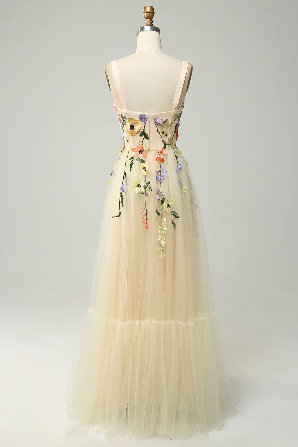 A Line Spaghetti Straps Champagne Long Prom Dress with Appliques
