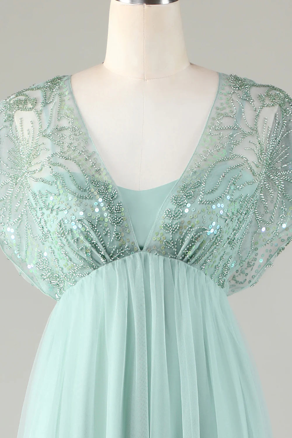 Tulle Sparkly Sage Bridesmaid Dress with Beading