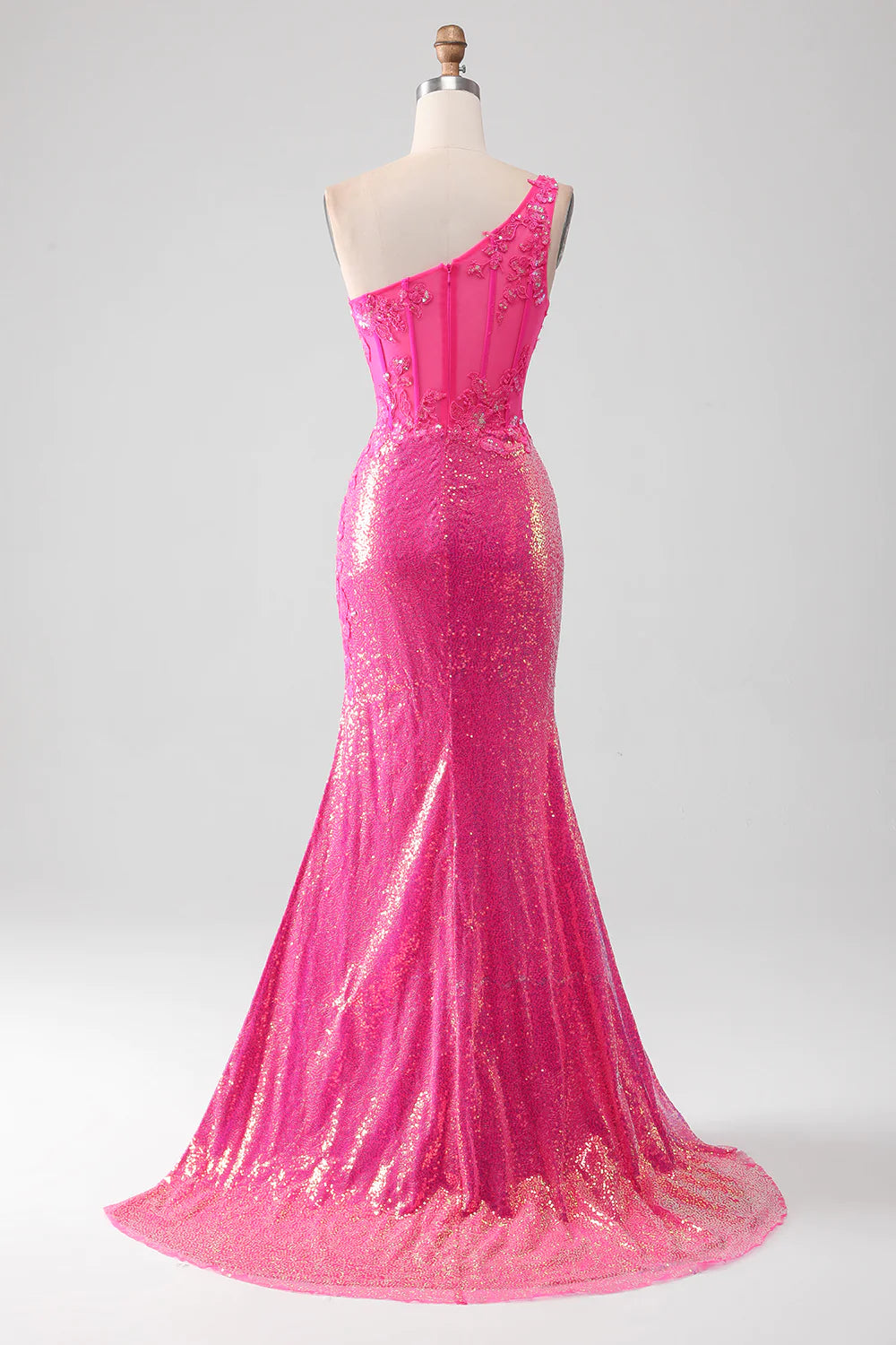 Sparkly Fuchsia Mermaid One Shoulder Appliques Prom Dress With Slit