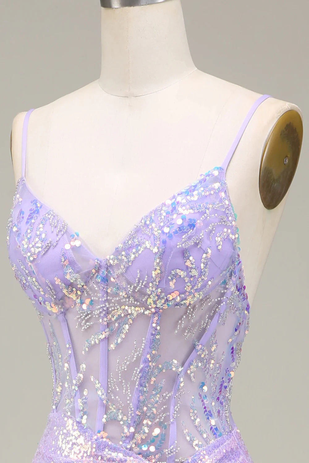Sparkly Mermaid LighT Purple Corset Prom Dress with Slit