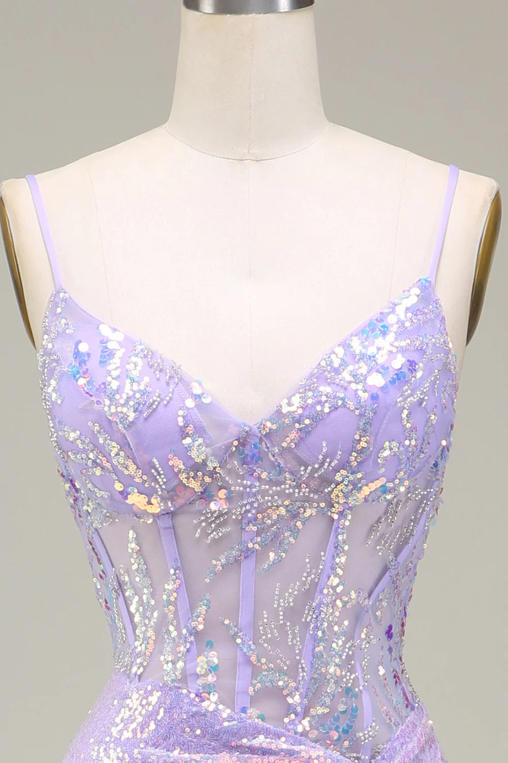 Sparkly Mermaid LighT Purple Corset Prom Dress with Slit