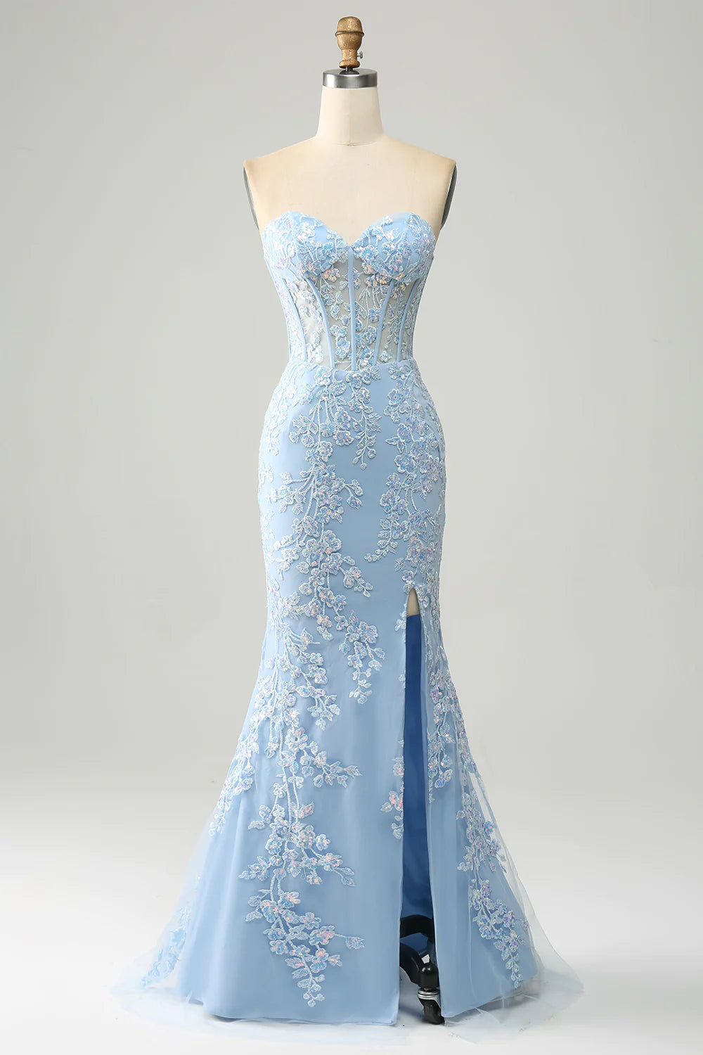 Light Blue Mermaid Sweetheart Corset Appliques Prom Dress With Side Slit