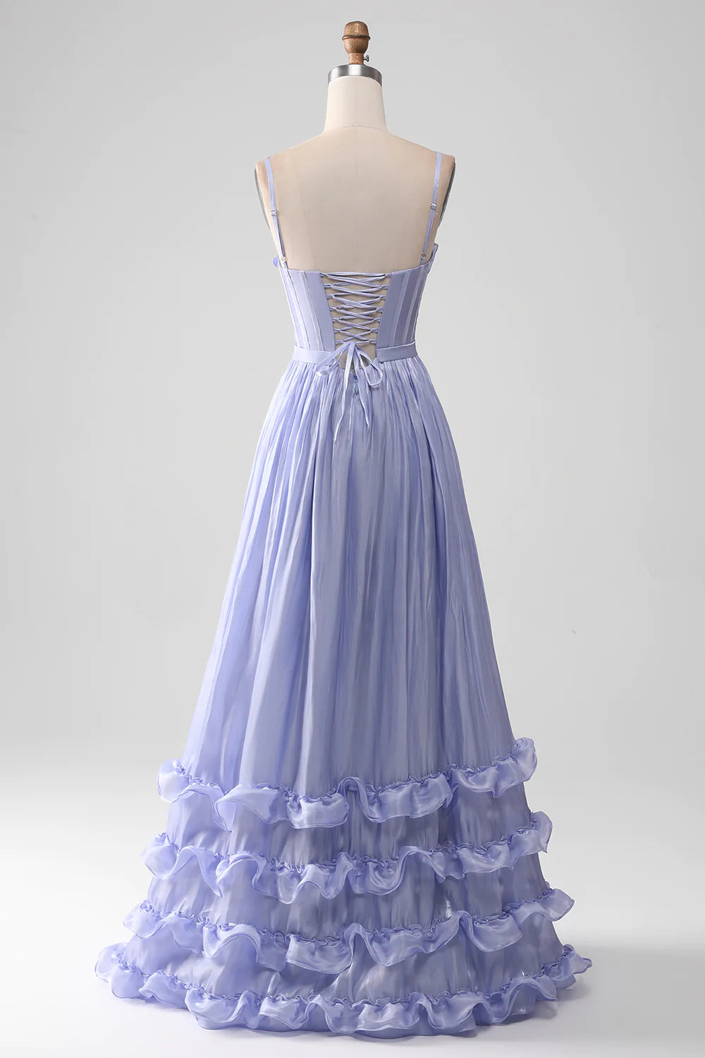 Lavender Spaghetti Straps A Line Ruffles Prom Dress with Slit