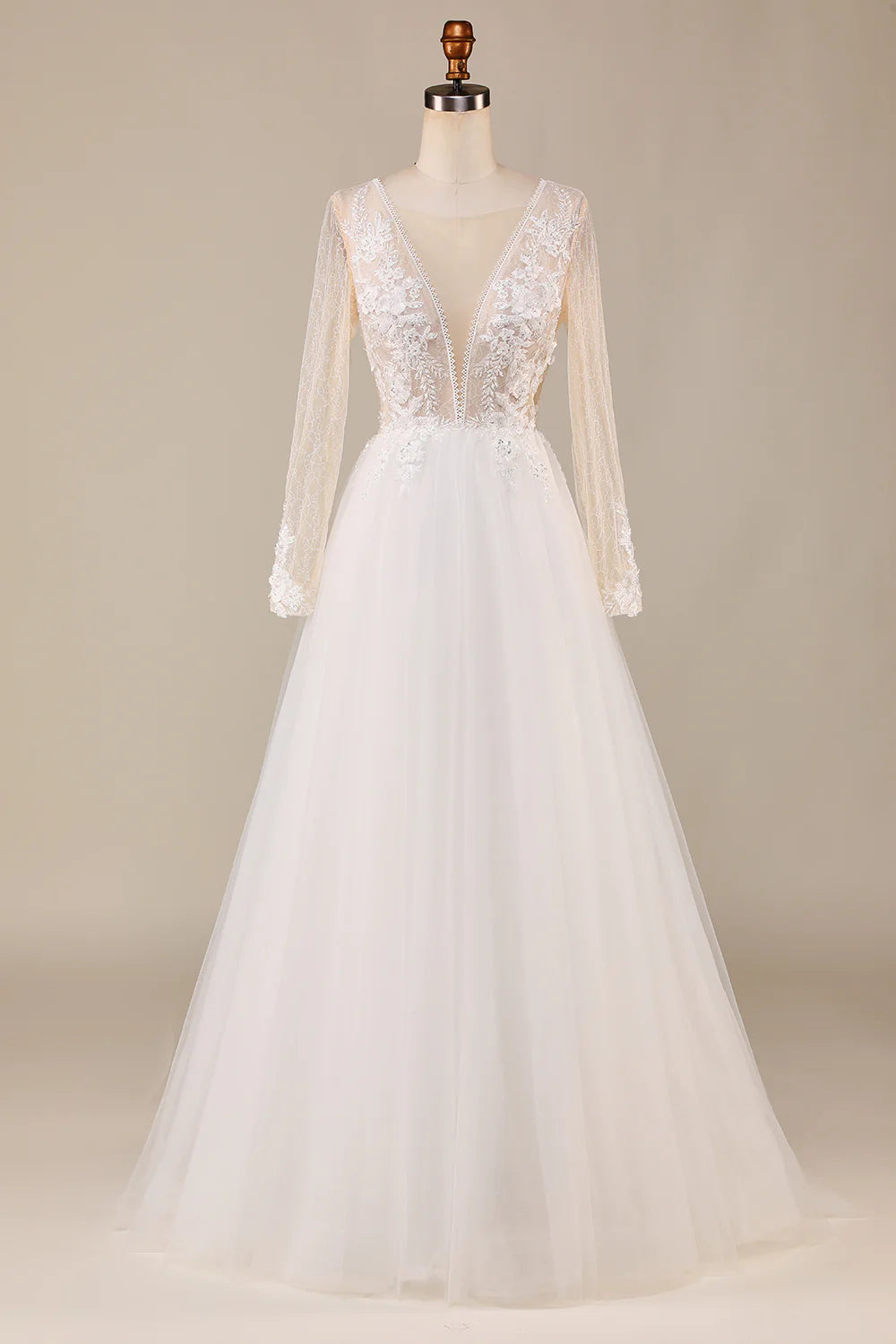 A Line Deep V-Neck Ivory Tulle Sweep Train Wedding Dress with Lace