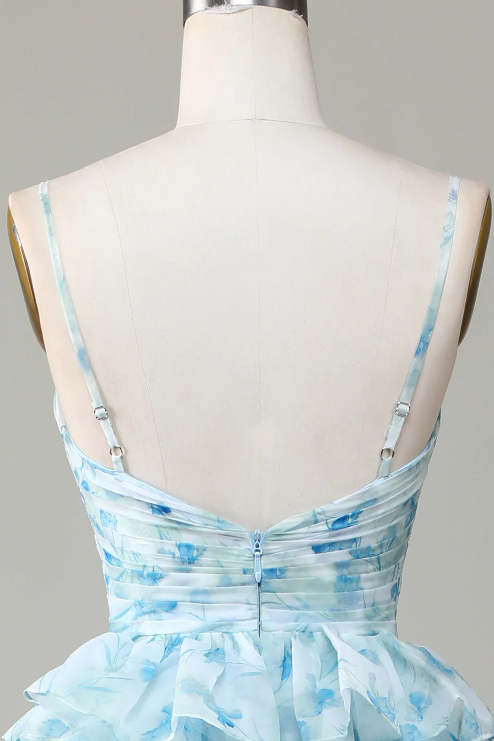 Spaghetti Straps Cut Out Tiered Blue Bridesmaid Dress