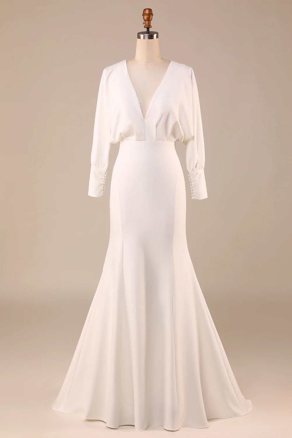Simple Ivory Mermaid Long Sleeves Deep V-Neck Wedding Dress