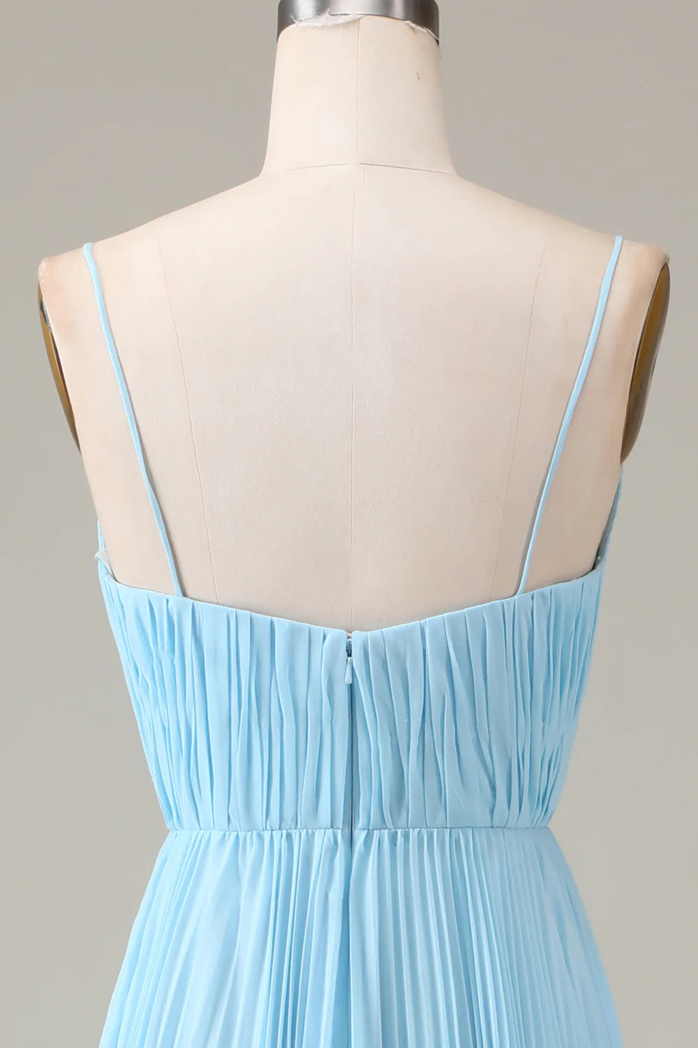 Sky Blue Spaghetti Straps V-neck A-line Pleated Chiffon Bridesmaid Dress