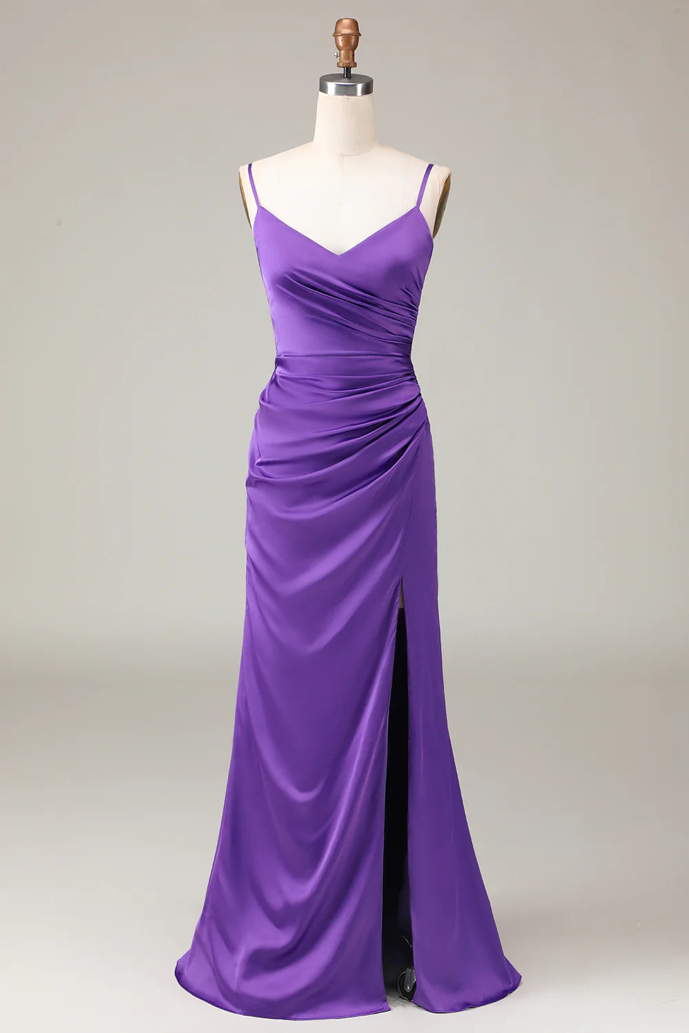 Purple Spaghetti Straps V-neck Sheath Satin Bridesmaid Dress with Slit