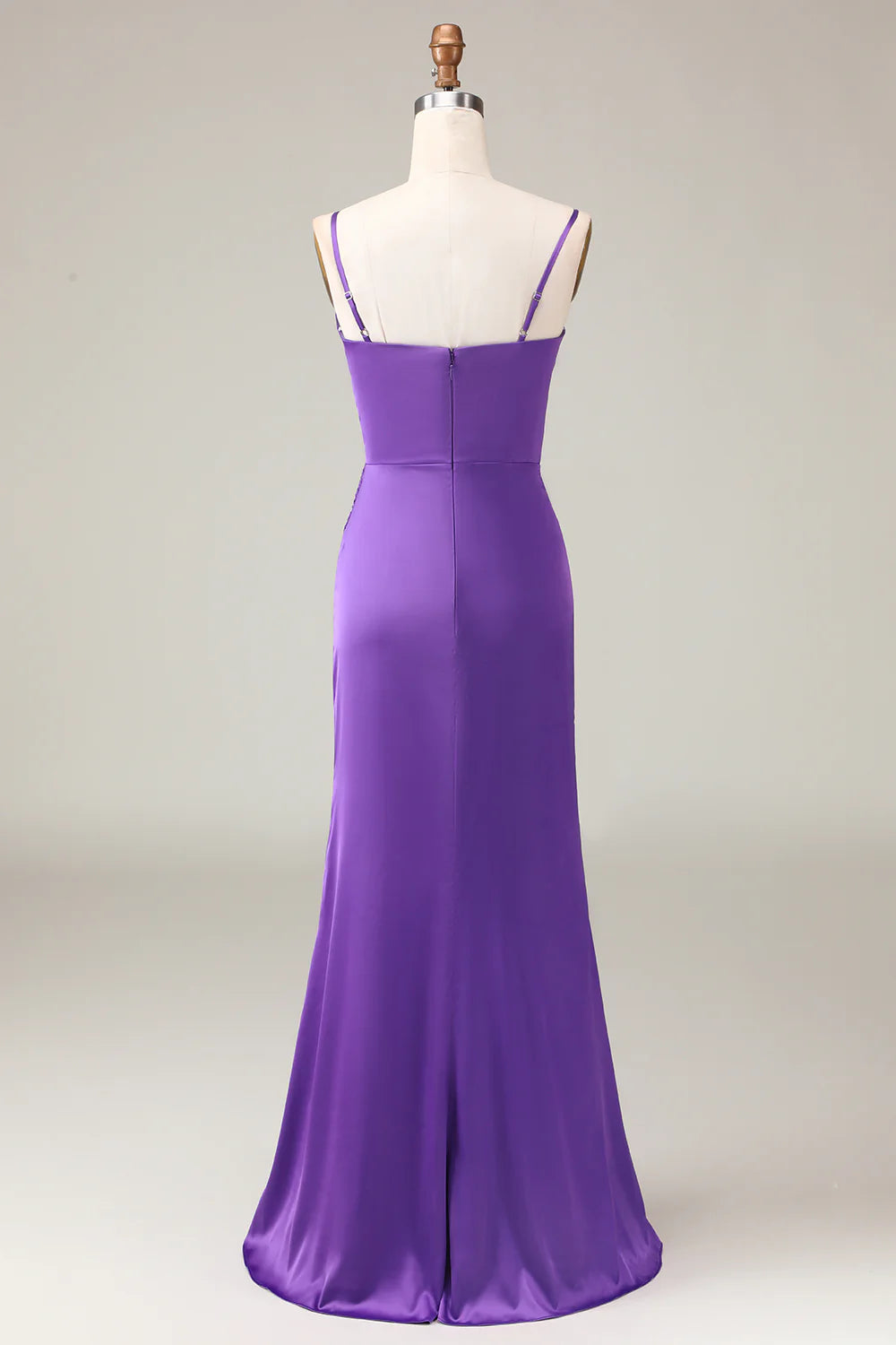 Purple Spaghetti Straps V-neck Sheath Satin Bridesmaid Dress with Slit