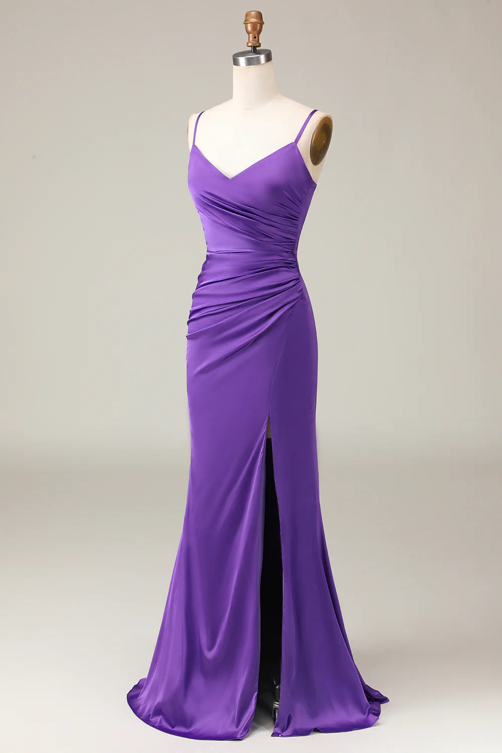 Purple Spaghetti Straps V-neck Sheath Satin Bridesmaid Dress with Slit