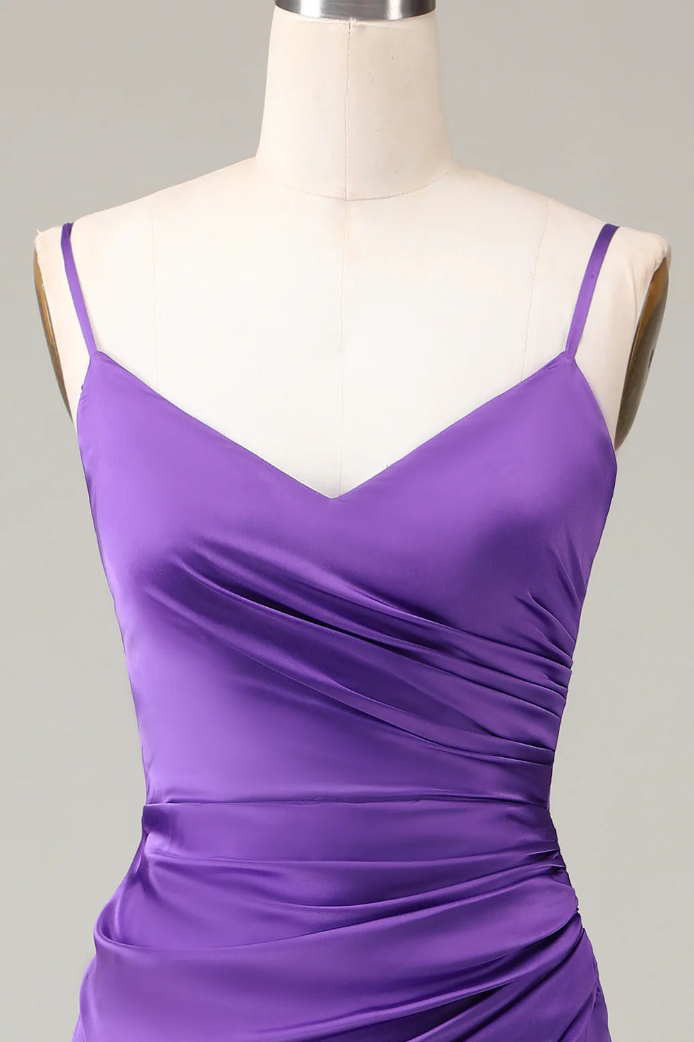 Purple Spaghetti Straps V-neck Sheath Satin Bridesmaid Dress with Slit