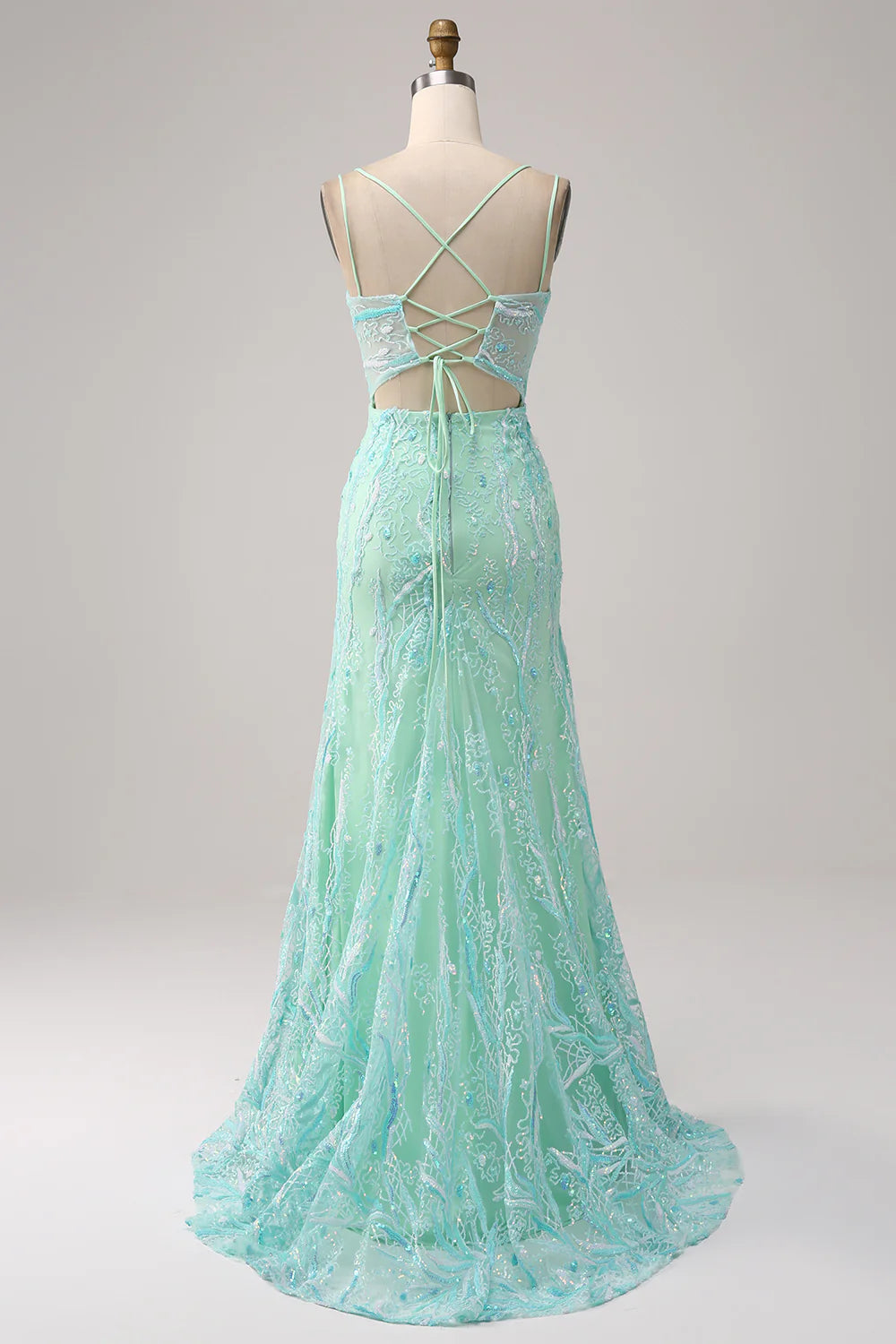 Green Mermaid Spaghetti Straps Sequins Long Prom Dress with Slit