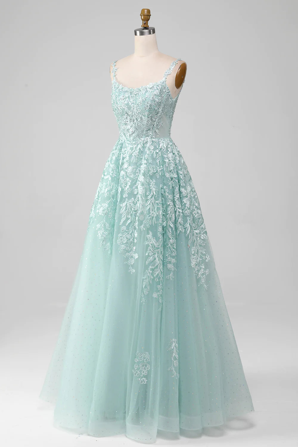 Glitter Mint A-Line Tulle Long Prom Dress with Lace