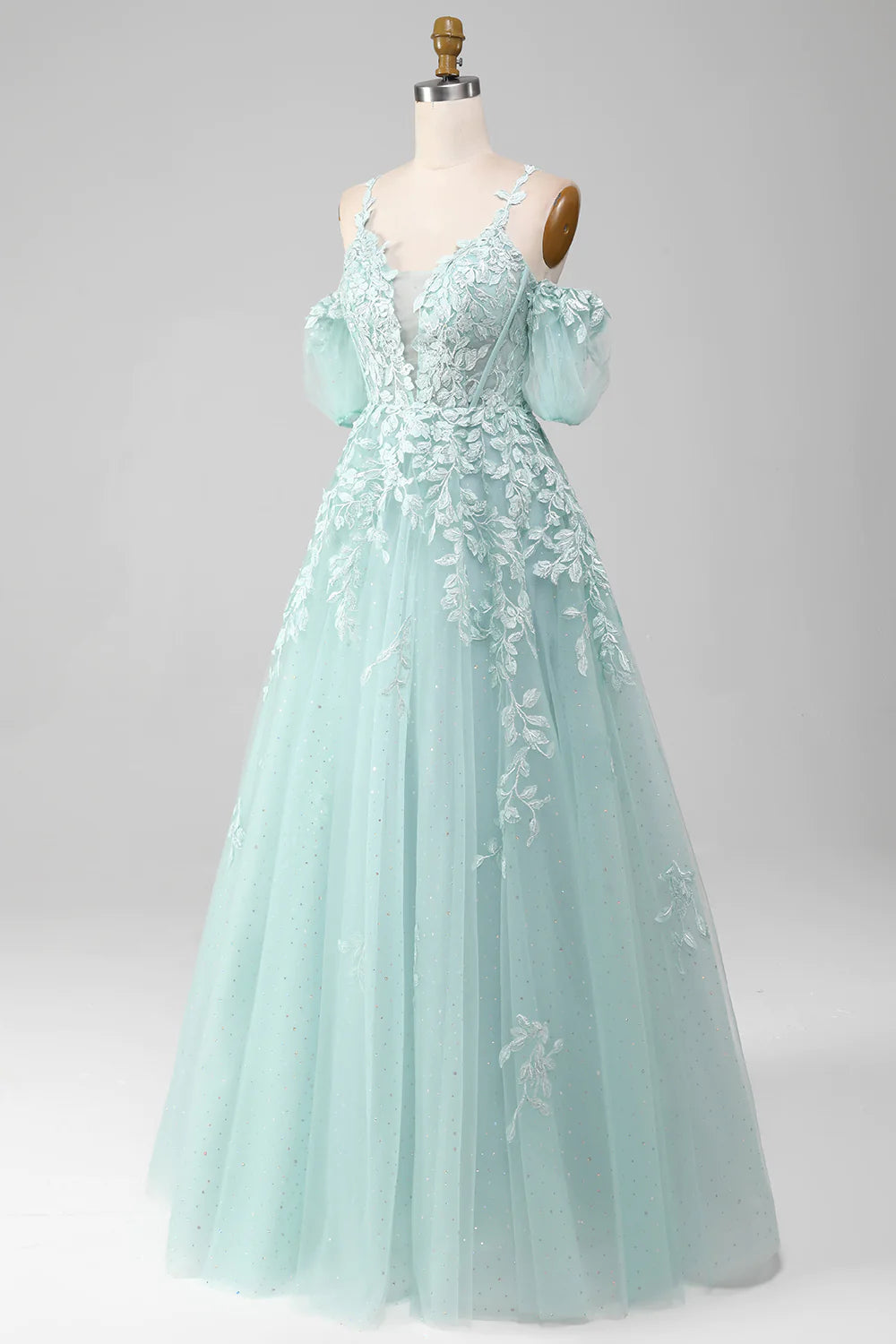Mint Ball-Gown Off The Shoulder Beaded Prom Dresses With Appliques
