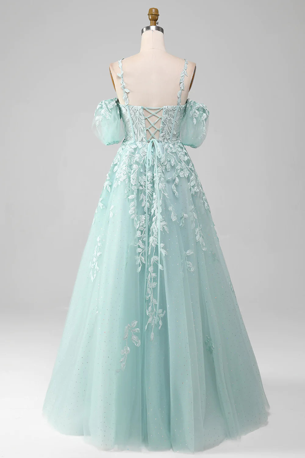 Mint Ball-Gown Off The Shoulder Beaded Prom Dresses With Appliques