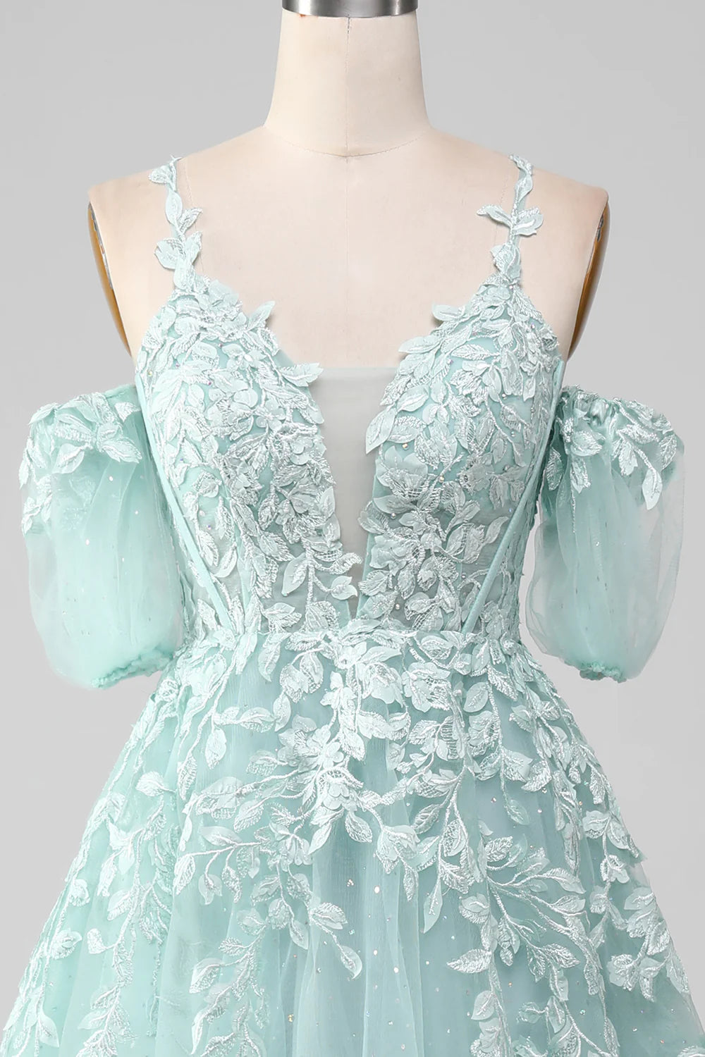 Mint Ball-Gown Off The Shoulder Beaded Prom Dresses With Appliques