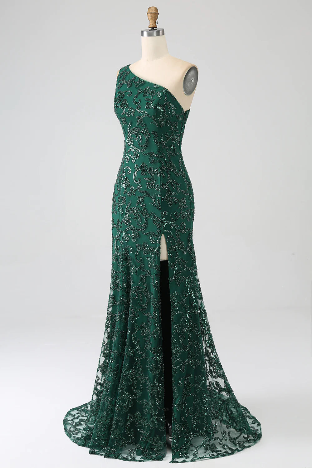 Sparkly Dark Green Beaded Long Mermaid Lace Prom Dress with Slit