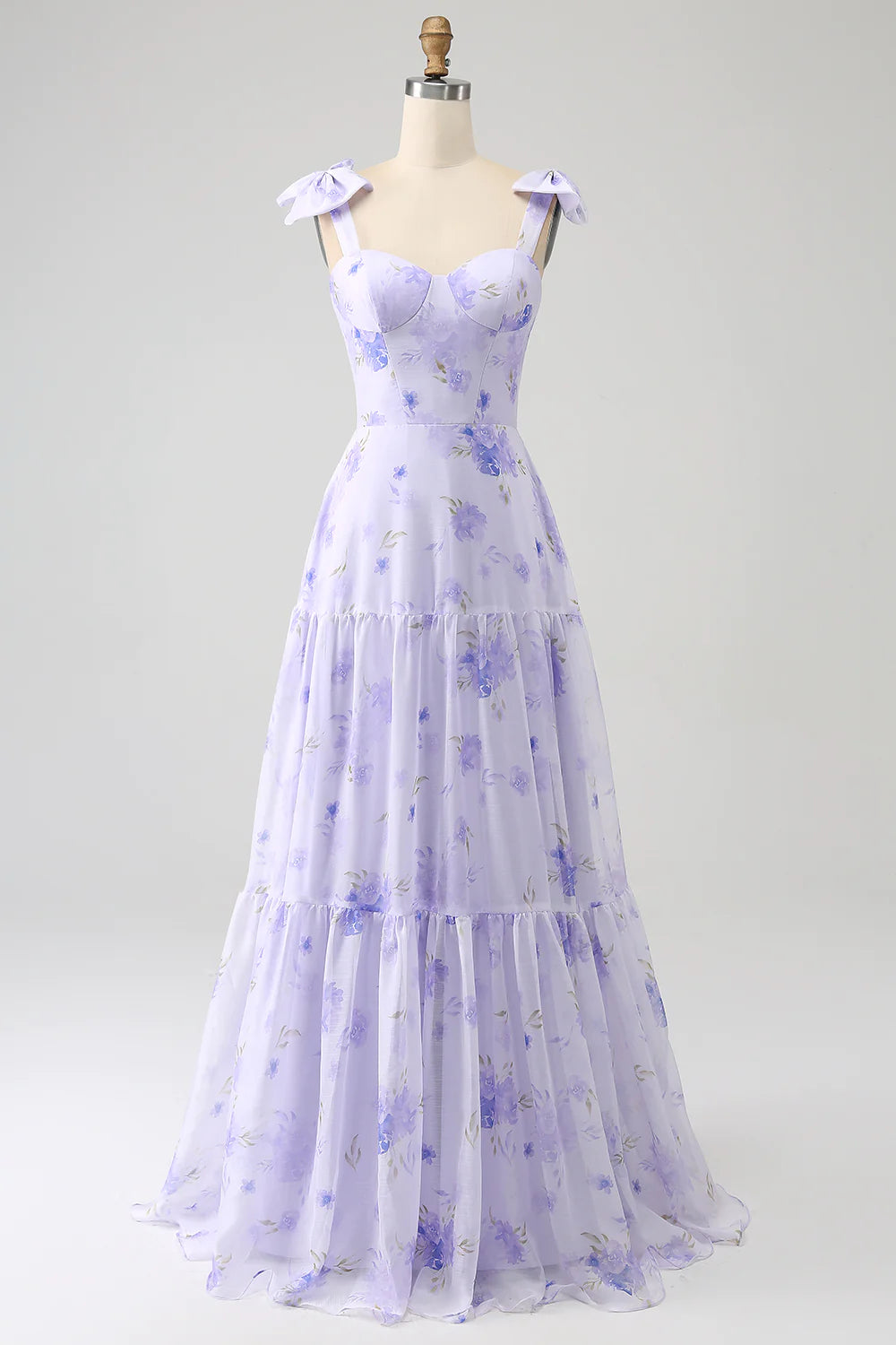 Lilac Corset Floral A-Line Long Prom Dress
