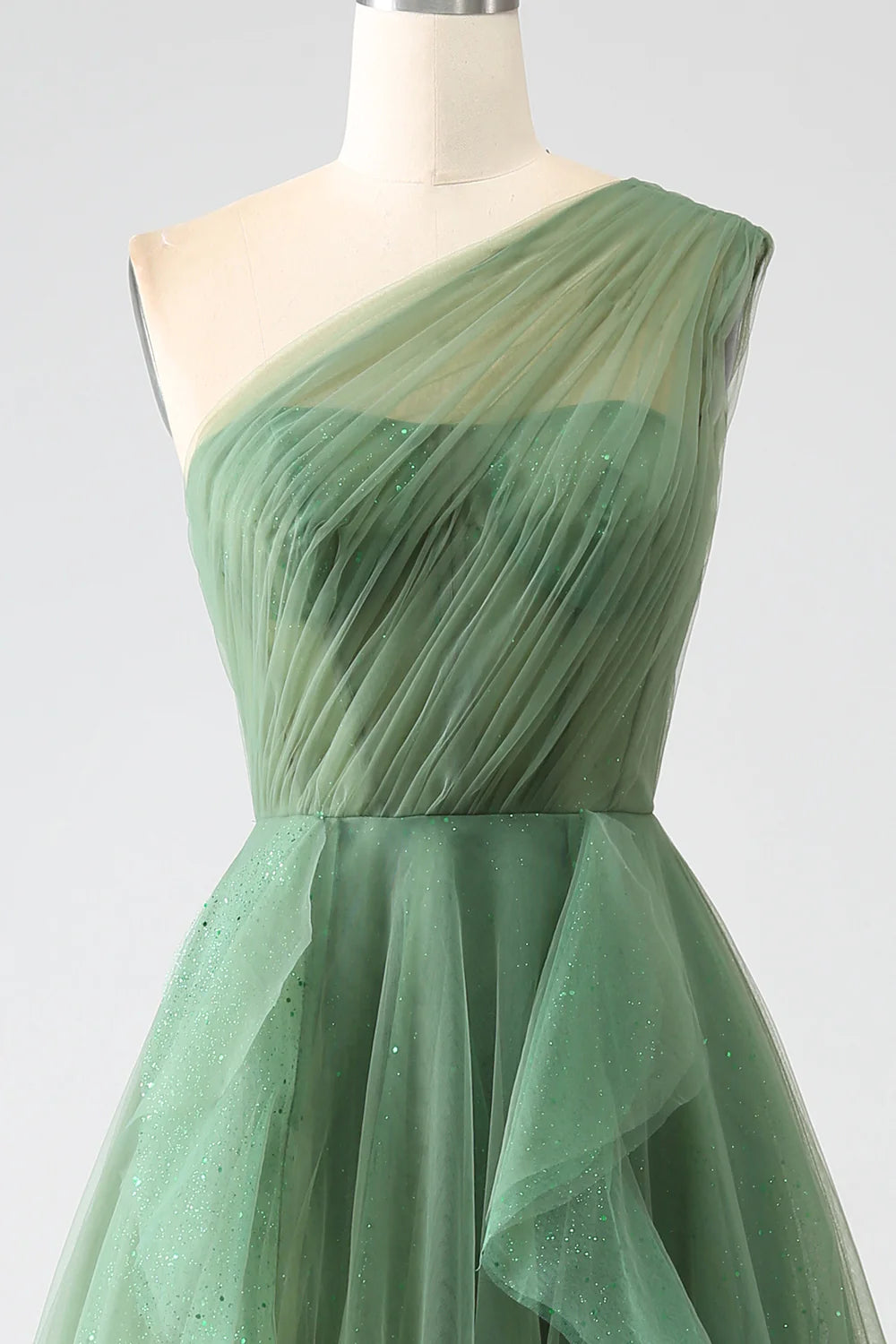 Dark Green Tulle A-Line One-Shoulder Long Prom Dress