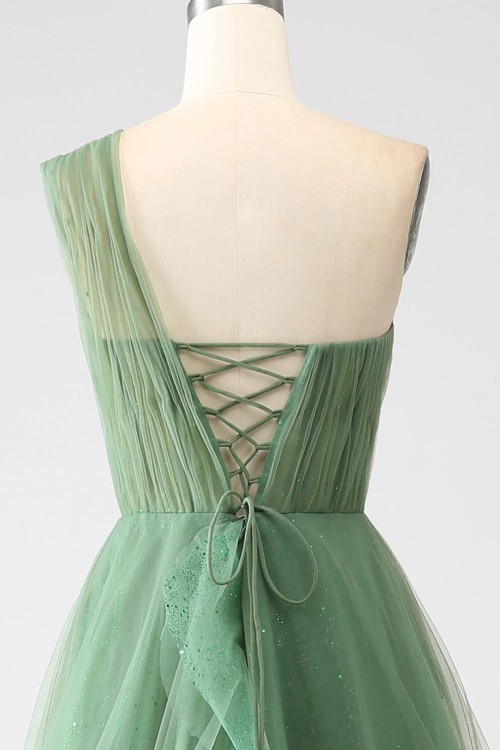 Dark Green Tulle A-Line One-Shoulder Long Prom Dress