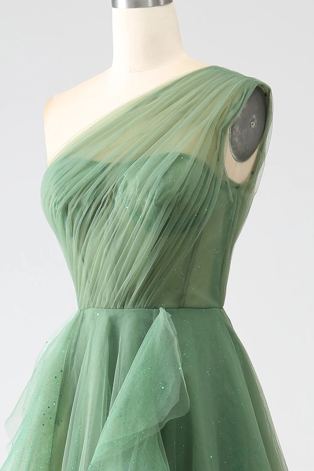 Dark Green Tulle A-Line One-Shoulder Long Prom Dress