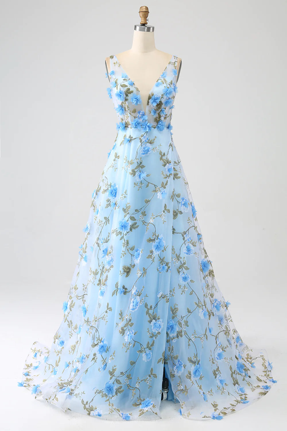Blue A-Line V-Neck Long Prom Dress with 3D Flowers