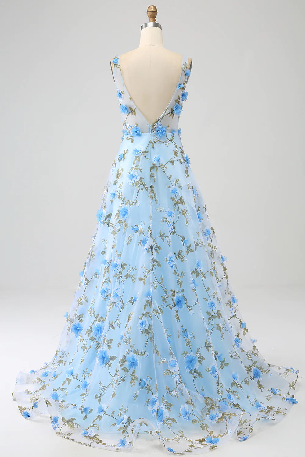 Blue A-Line V-Neck Long Prom Dress with 3D Flowers