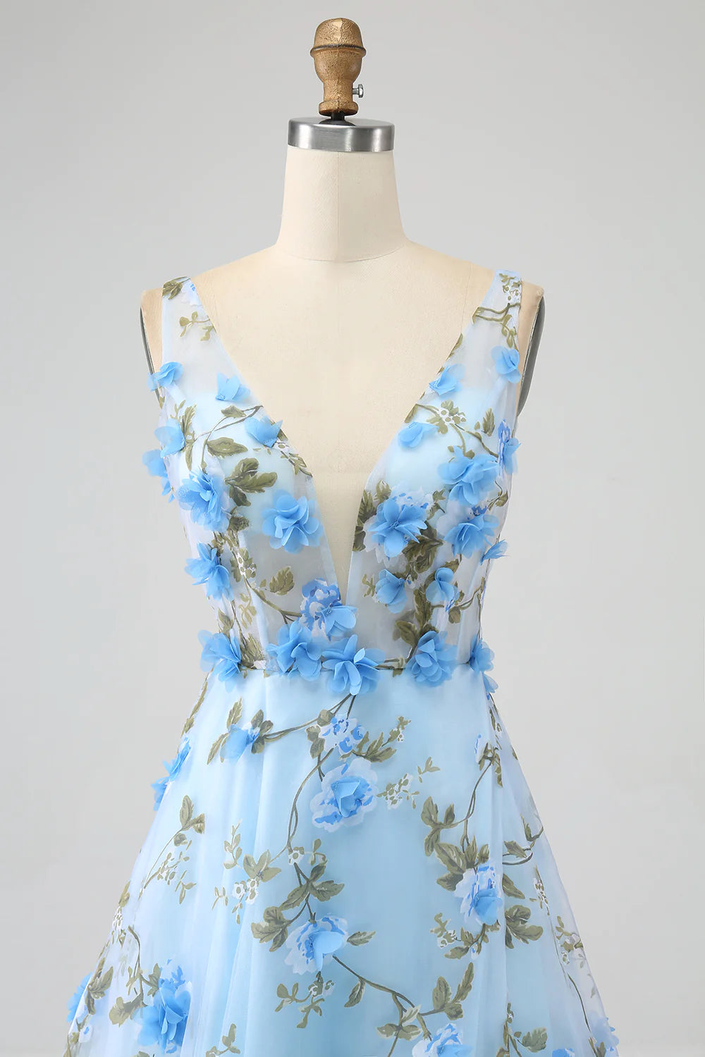 Blue A-Line V-Neck Long Prom Dress with 3D Flowers