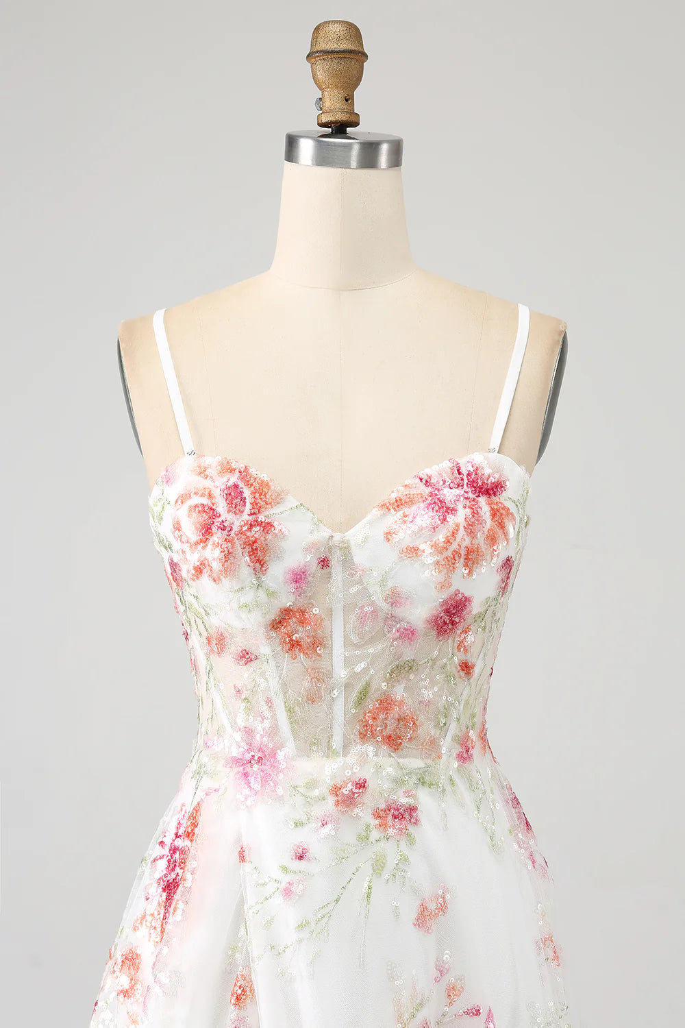 Ivory Flower Embroidered Long Corset Prom Dress with Slit