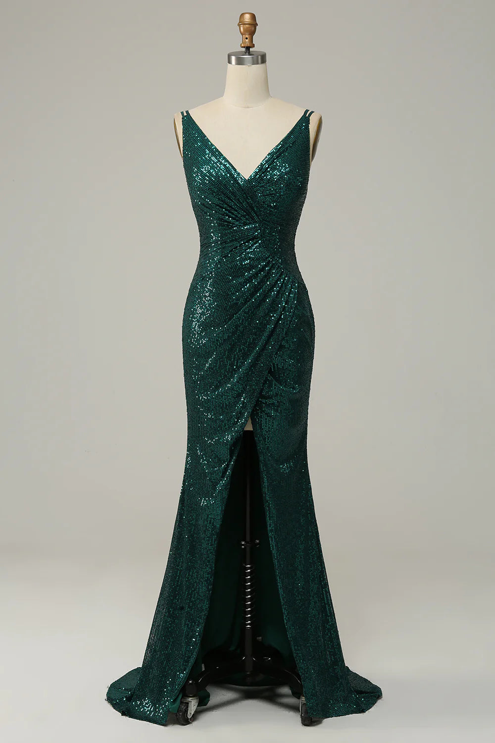 Dark Green Sequined Spaghetti Straps Prom Dress With Slit