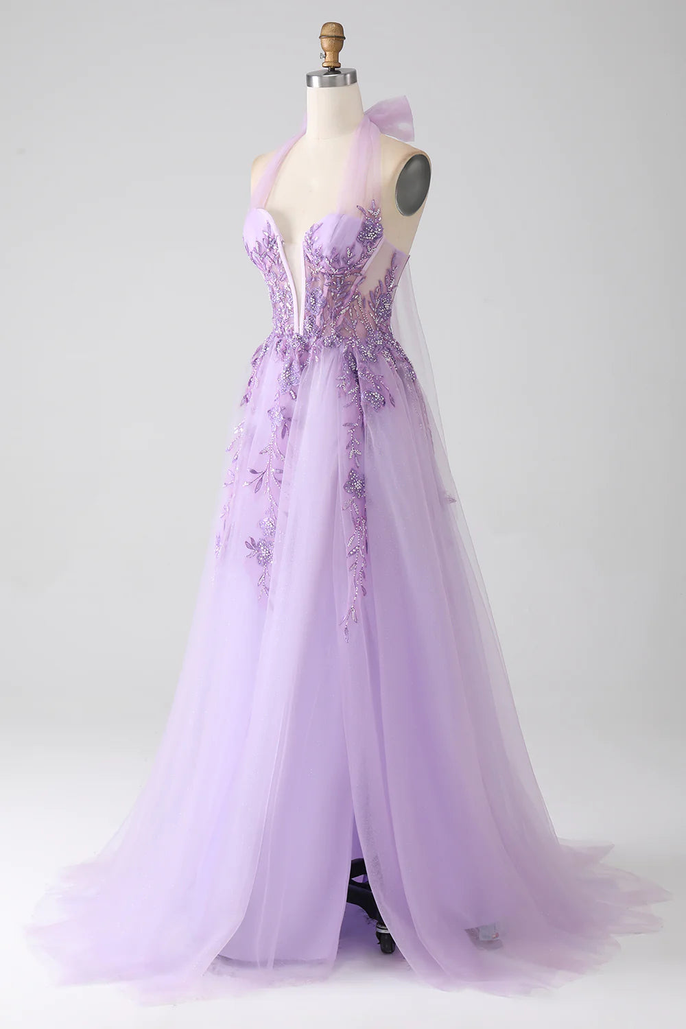 Grey Purple A-Line Halter Neck Beaded Long Prom Dress