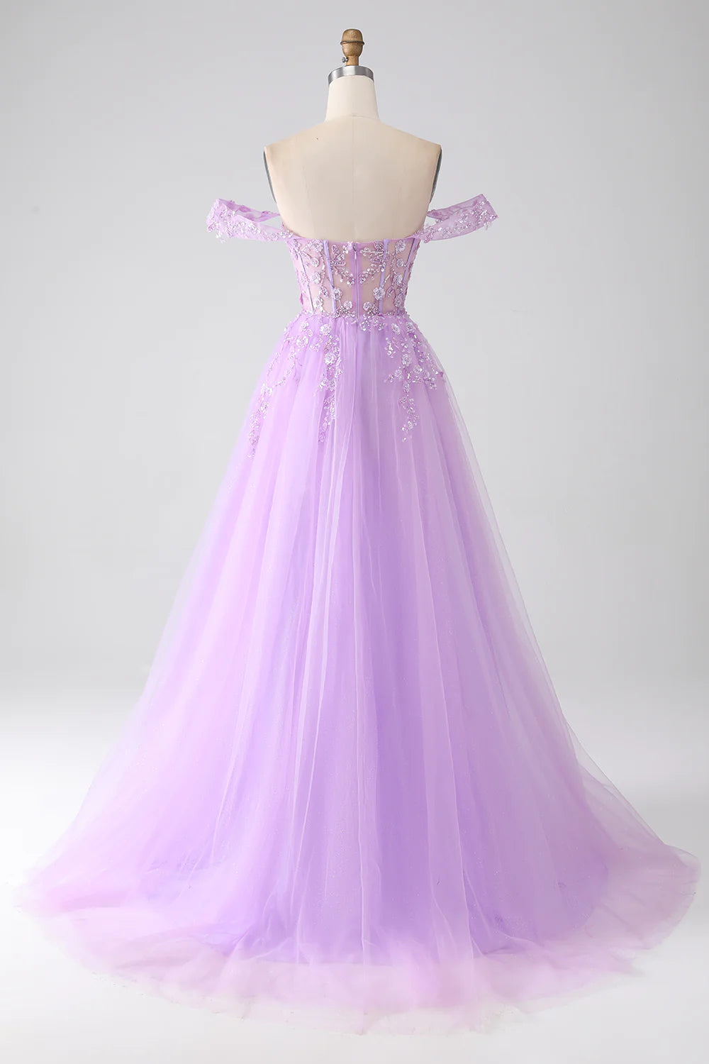 Light Purple A-Line Off The Shoulder Beaded Corset Prom Dress
