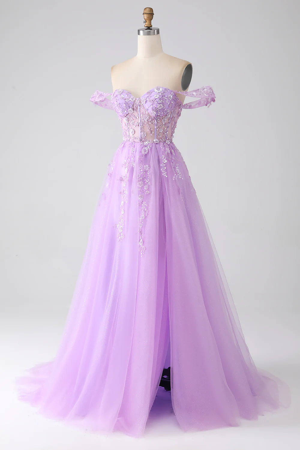 Light Purple A-Line Off The Shoulder Beaded Corset Prom Dress
