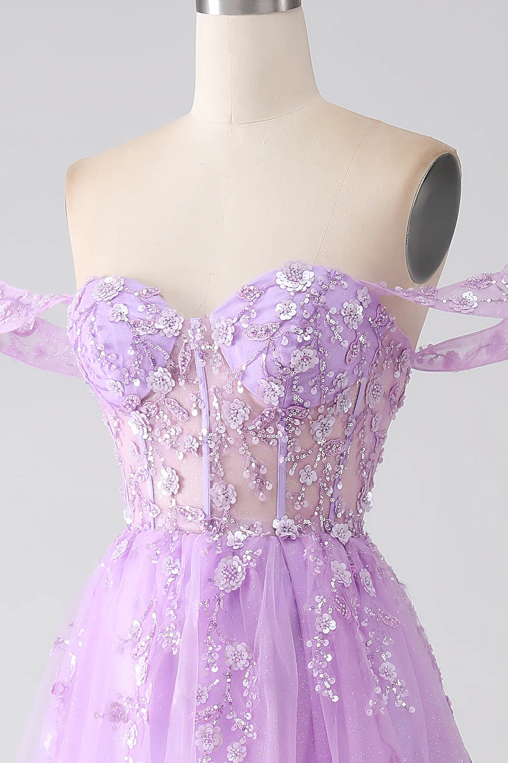 Light Purple A-Line Off The Shoulder Beaded Corset Prom Dress