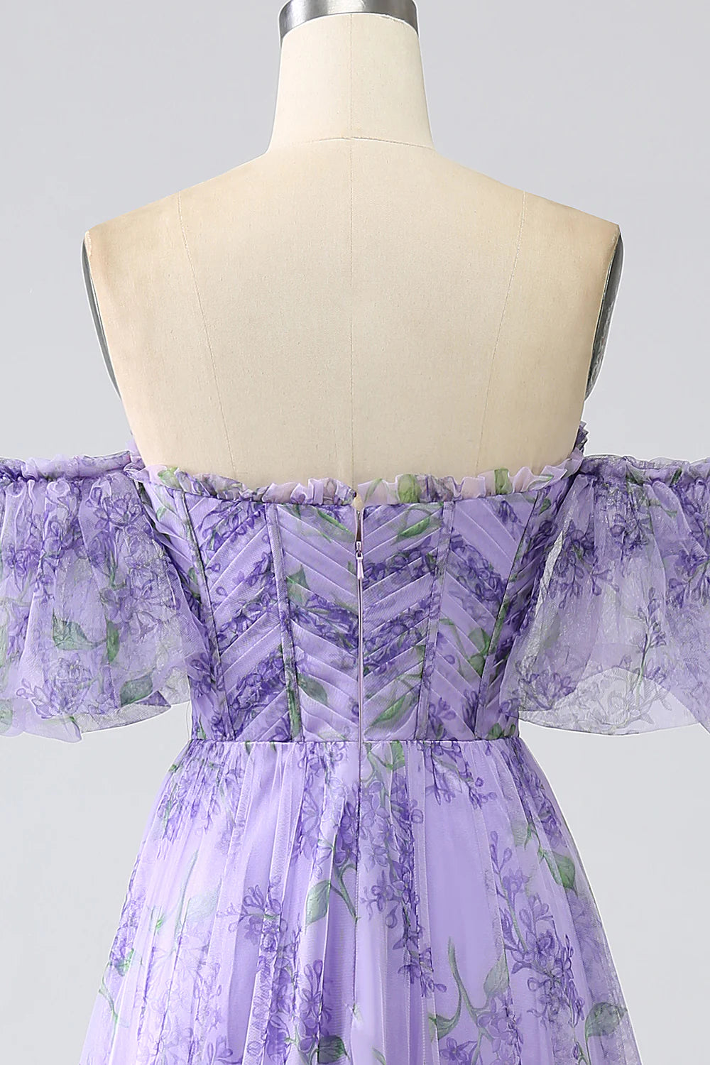 Printed Lavender Off the Shoulder A line Prom Dress with Removable Sleeves