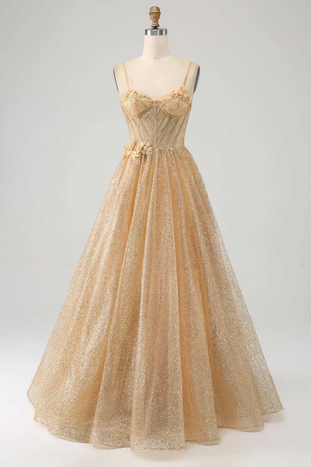 Glitter Golden Corset Long Prom Dress with Flowers