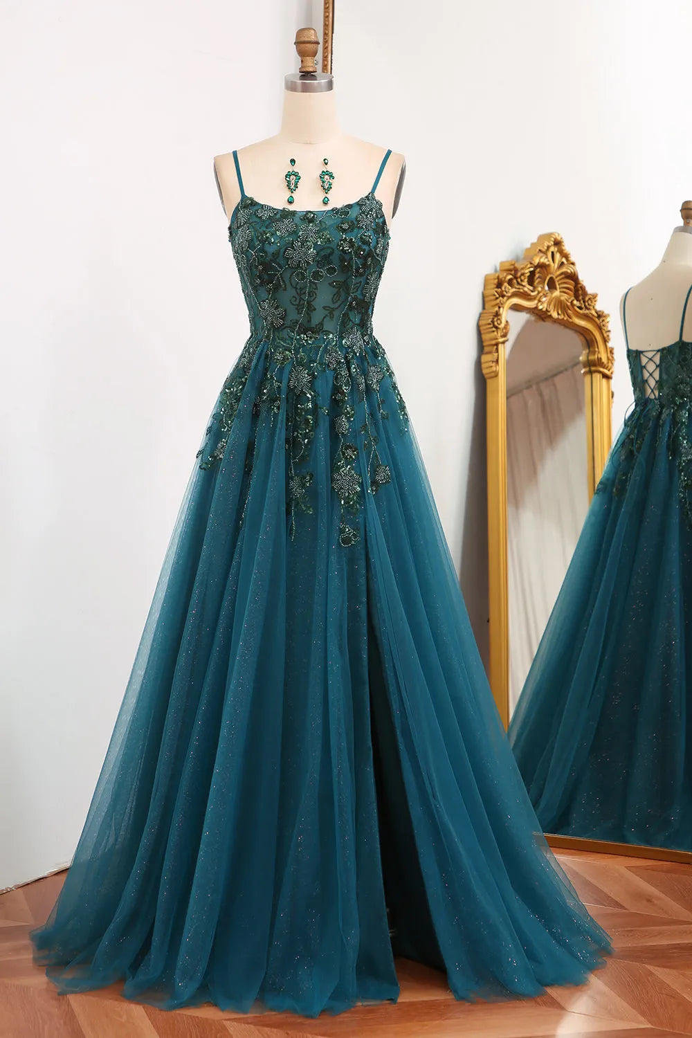 A-Line Tulle Long Appliqued Prom Dress With Slit