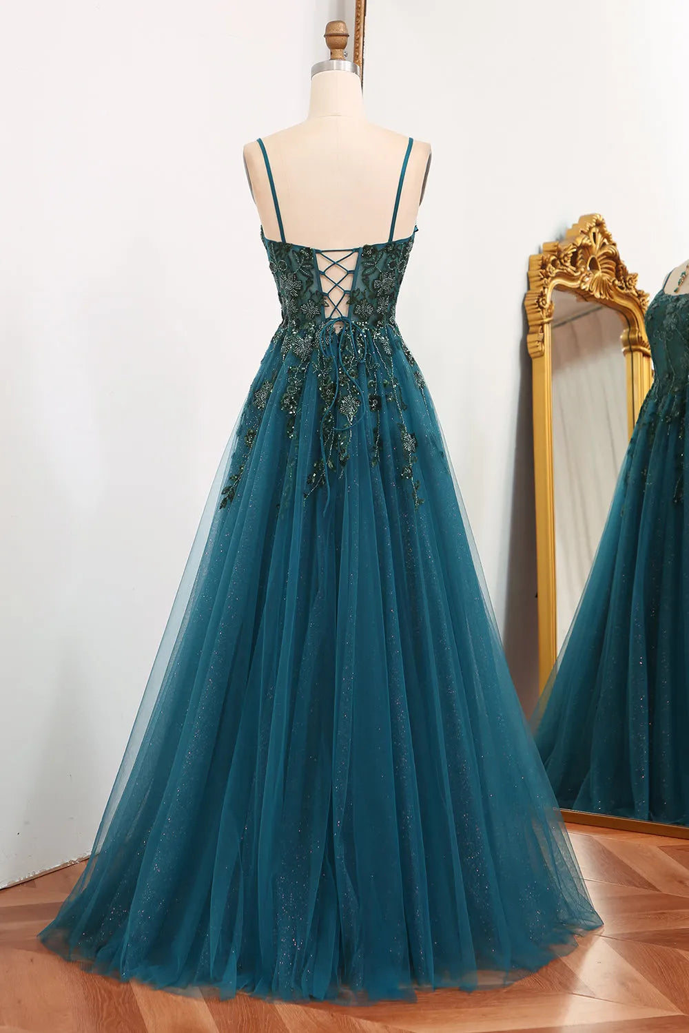 A-Line Tulle Long Appliqued Prom Dress With Slit