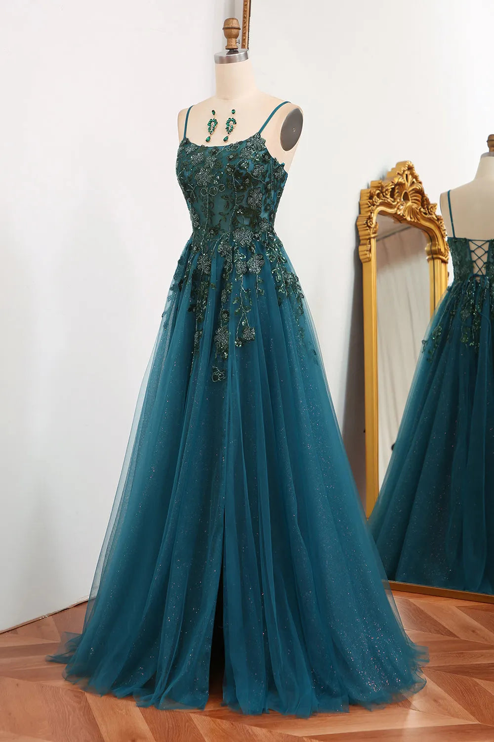 A-Line Tulle Long Appliqued Prom Dress With Slit