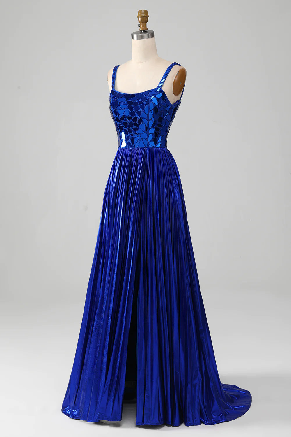 Sparkly Lace-Up Back Royal Blue Prom Dress with Slit