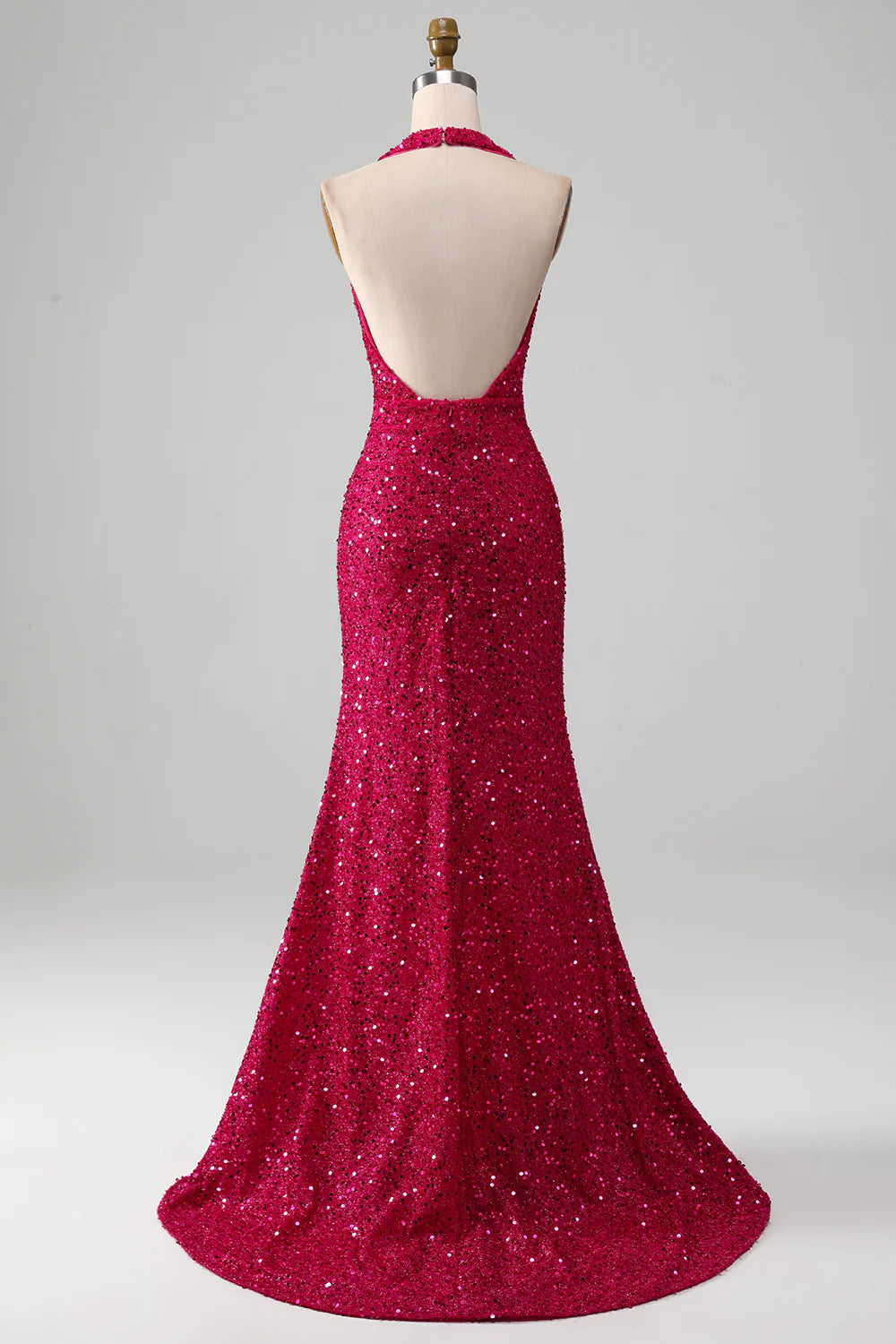 Fuchsia Mermaid Halter Sequin Prom Dress With Slit