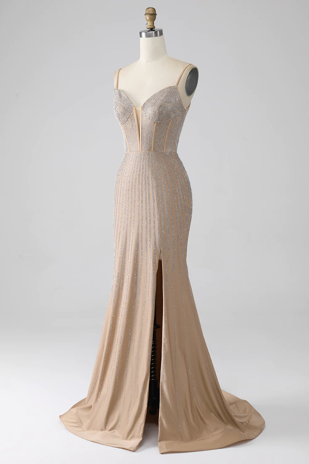 Sparkly Champagne Mermaid Spaghetti Straps Long Prom Dress with Slit