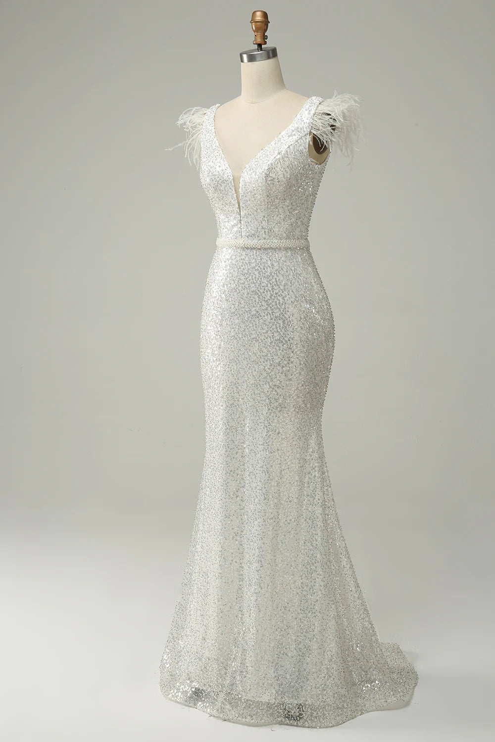 White Sequins V Neck Mermaid Long Prom Dress With Feathers