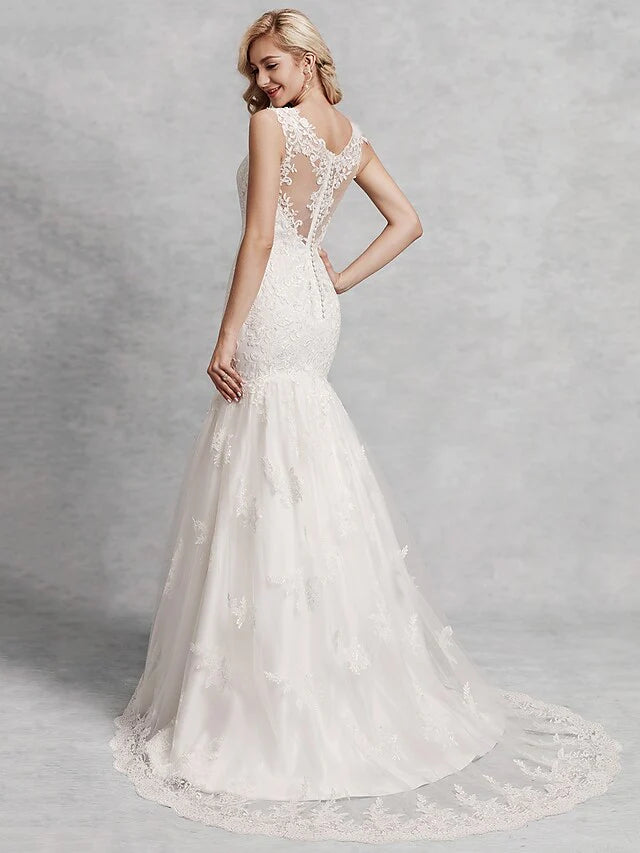 DingjiWedding Dresses Scoop Neck Court Train Lace Satin Tulle Regular Straps Beautiful Back with Lace Appliques